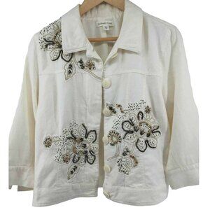 Coldwater Creek‎ Embroidered Beaded Cotton Linen Jacket White 10